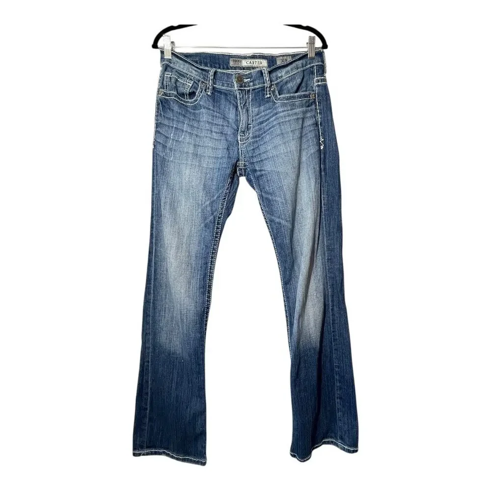 BKE Buckle Carter Men Jeans Straight 31R Distressed Denim Thick Stitch Stretch